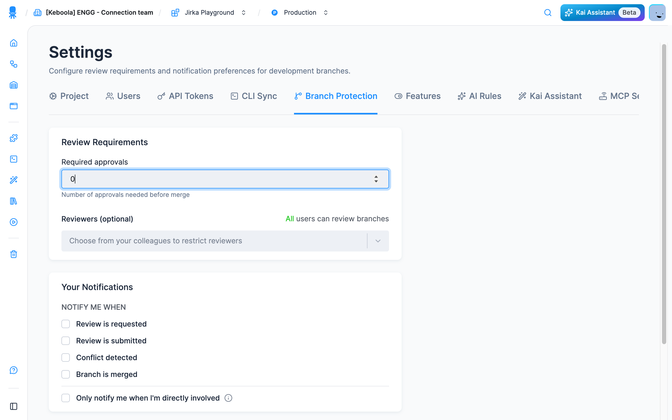 Screenshot - Branch Protection settings