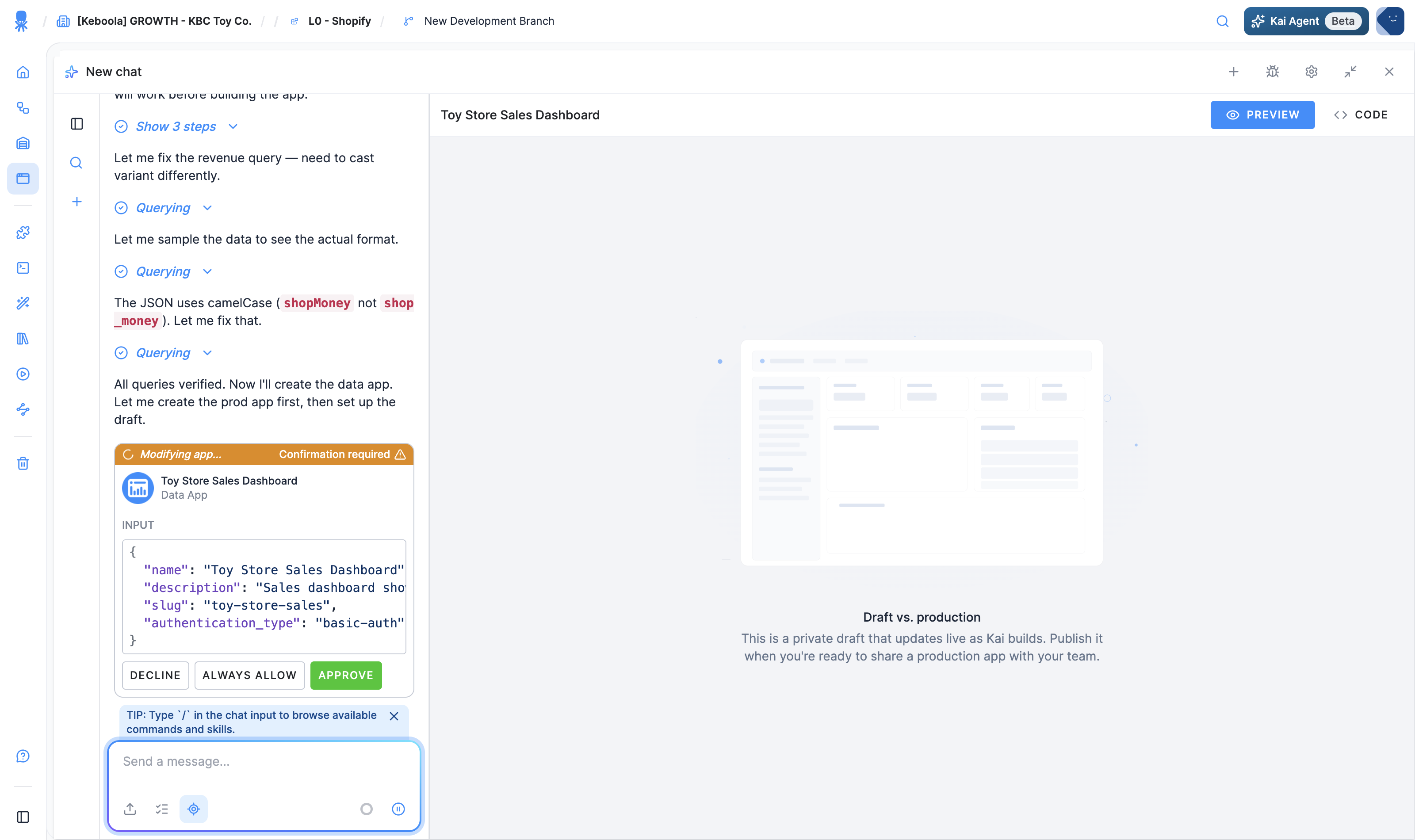 Kai's confirmation card before creating the app: the generated configuration with Decline, Always allow, and Approve buttons, next to the draft-vs-production explainer