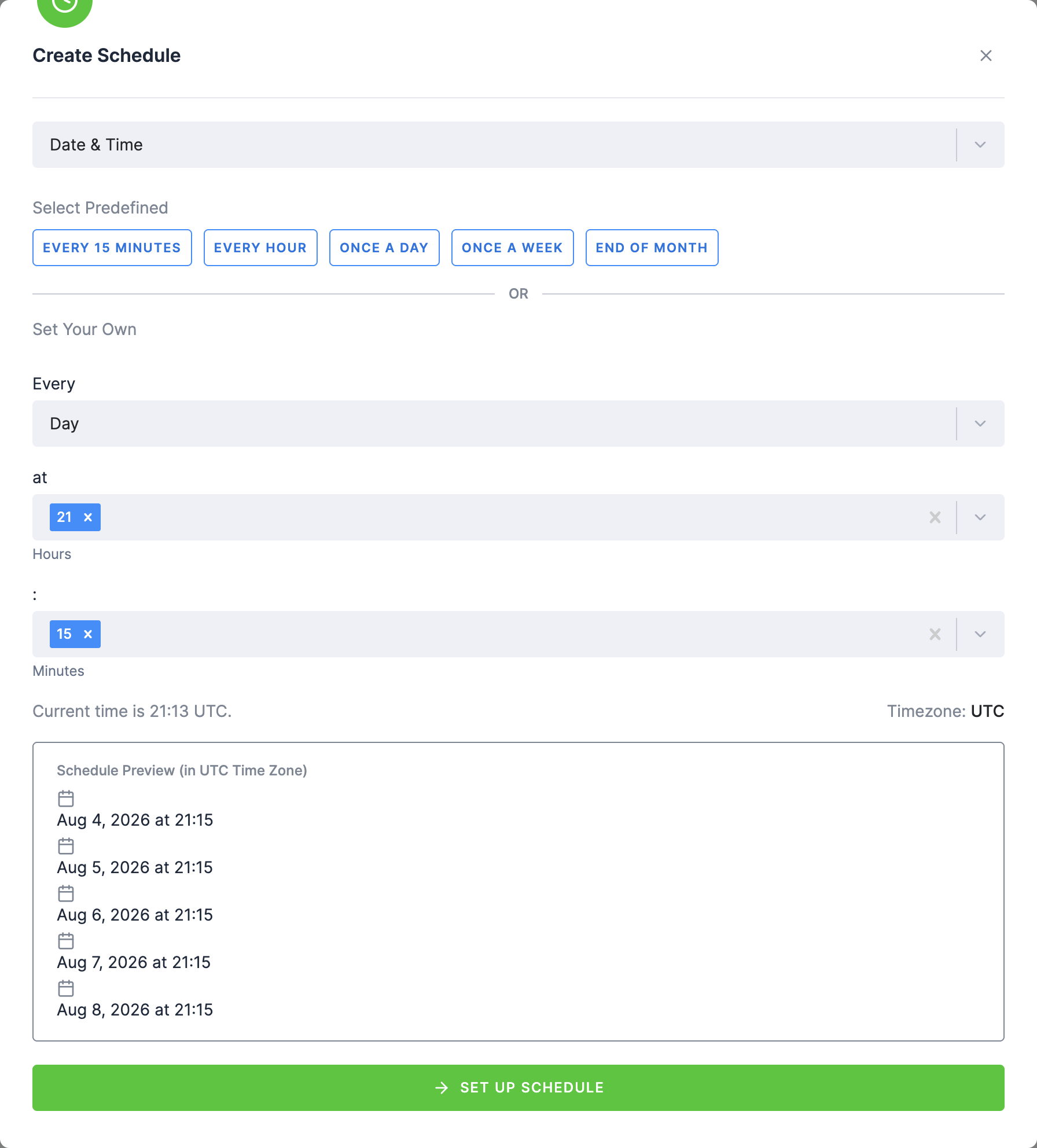 The Create Schedule dialog: schedule type, predefined intervals, a custom interval, and the Set Up Schedule button