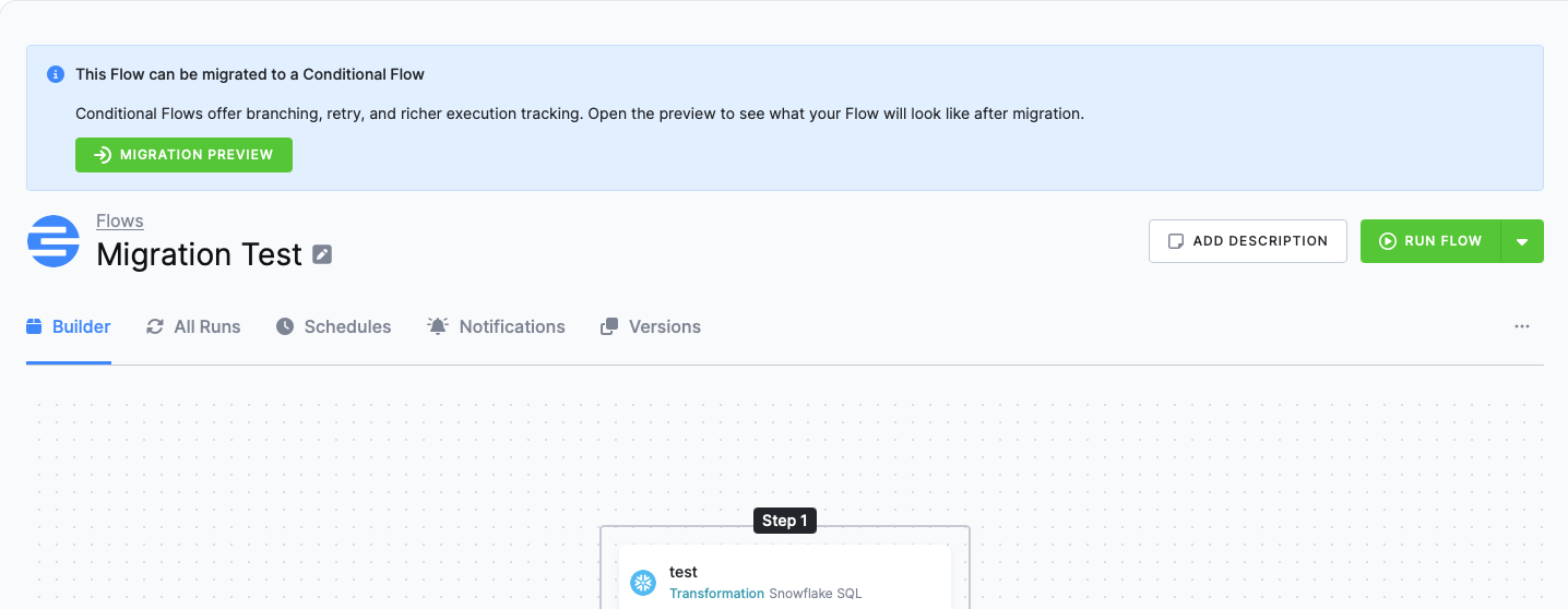 Legacy Flow detail with the Migration Preview button