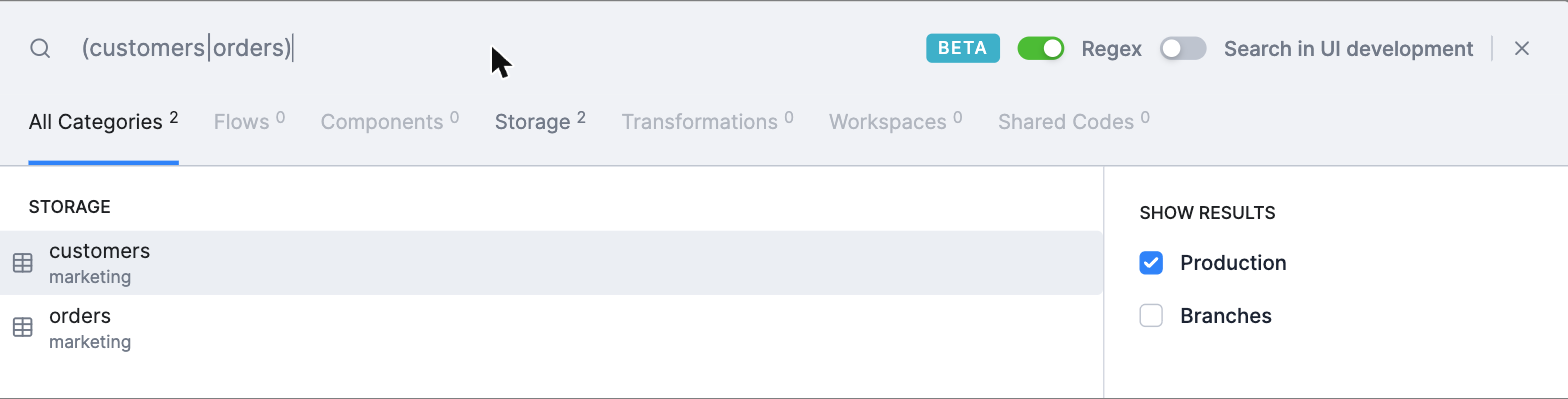 Global Search with the Regex toggle enabled, the pattern "(customers|orders)" matching the customers and orders tables