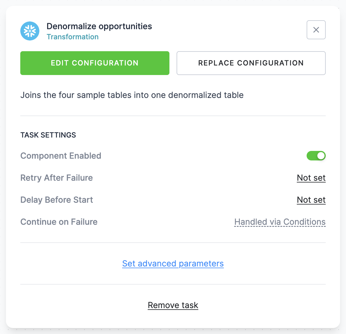 Task settings for a transformation task in a flow, with the Set advanced parameters link