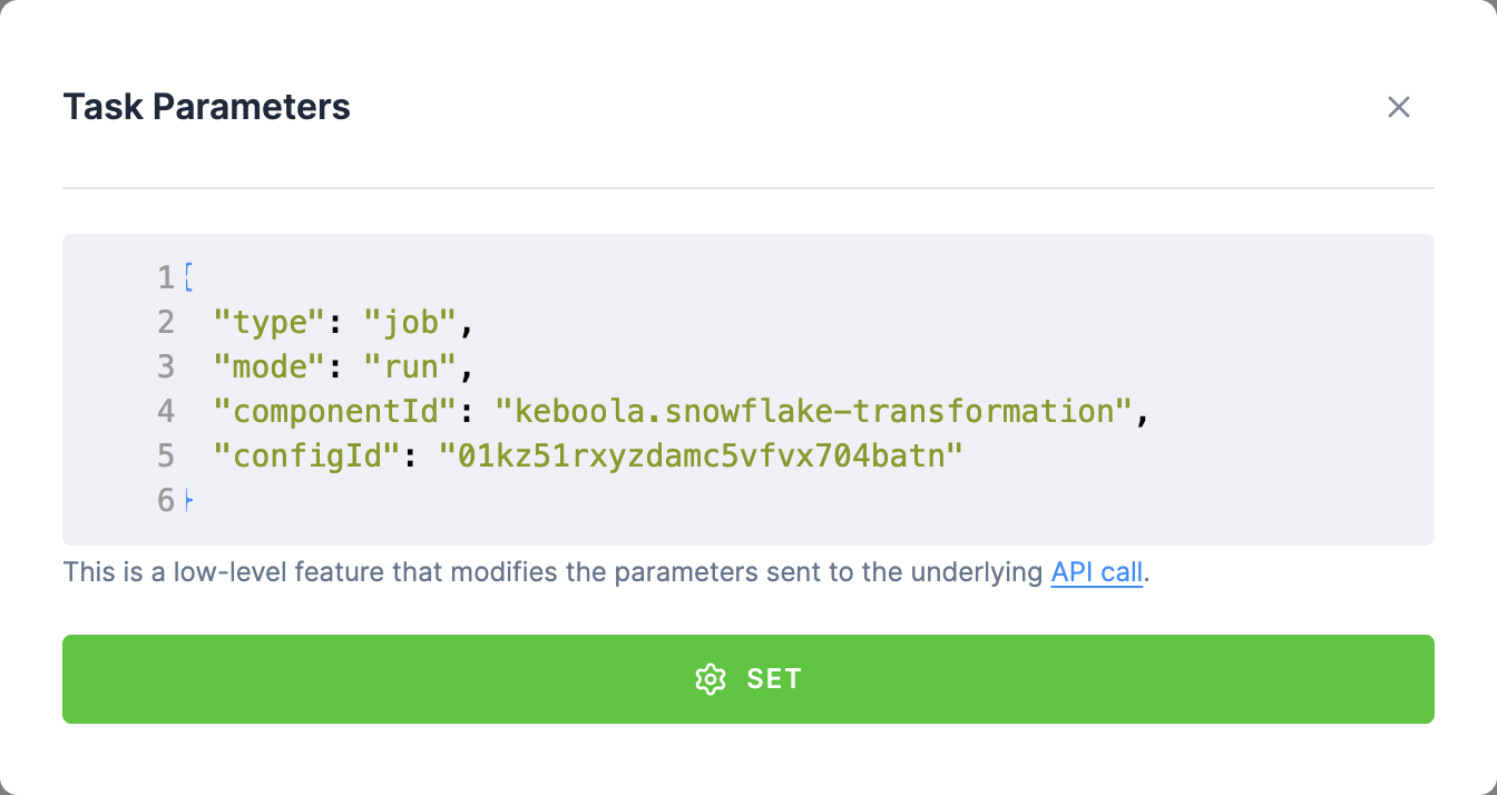 The Task Parameters editor holding the task's type, mode, componentId, and configId